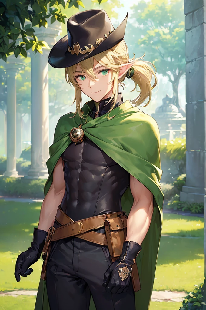 (((masterpiece; best quality: 1.2))), (finely detailed eyes: 1.3), (25 year old elf man), (solo), (green eyes: 1.4), (body; toned, fit, masculine: 1.3), (silky blonde hair in low ponytail: 1.3), (beautiful and clear background: 1.2), ((depth of field)), (equipment: adventurer garb + modest + elegant wide-brim hat + dark coat + light-colored tunic + dark long cape + black pants + gloves + belt + pouches: 1.3), (anime illustration: 1.2), (background composition; royal garden: 1.1), (extremely fine and handsome: 1.1), (shot composition; standing + centered on torso + close-up: 1.5), (expression; calm, smile: 1.2)