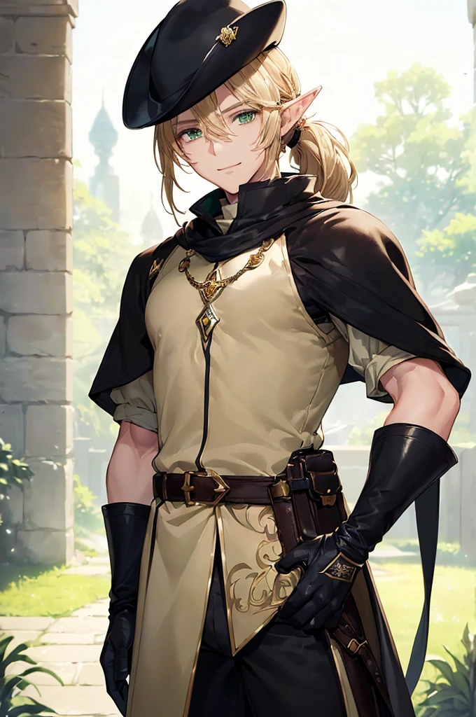 (((masterpiece; best quality: 1.2))), (finely detailed eyes: 1.3), (25 year old elf man), (solo), (green eyes: 1.4), (body; toned, fit, masculine: 1.3), (silky blonde hair in low ponytail: 1.3), (beautiful and clear background: 1.2), ((depth of field)), (equipment: adventurer garb + modest + elegant wide-brim hat + dark coat + light-colored tunic + dark long cape + black pants + gloves + belt + pouches: 1.3), (anime illustration: 1.2), (background composition; royal garden: 1.1), (extremely fine and handsome: 1.1), (shot composition; standing + centered on torso + close-up: 1.5), (expression; calm, smile: 1.2)