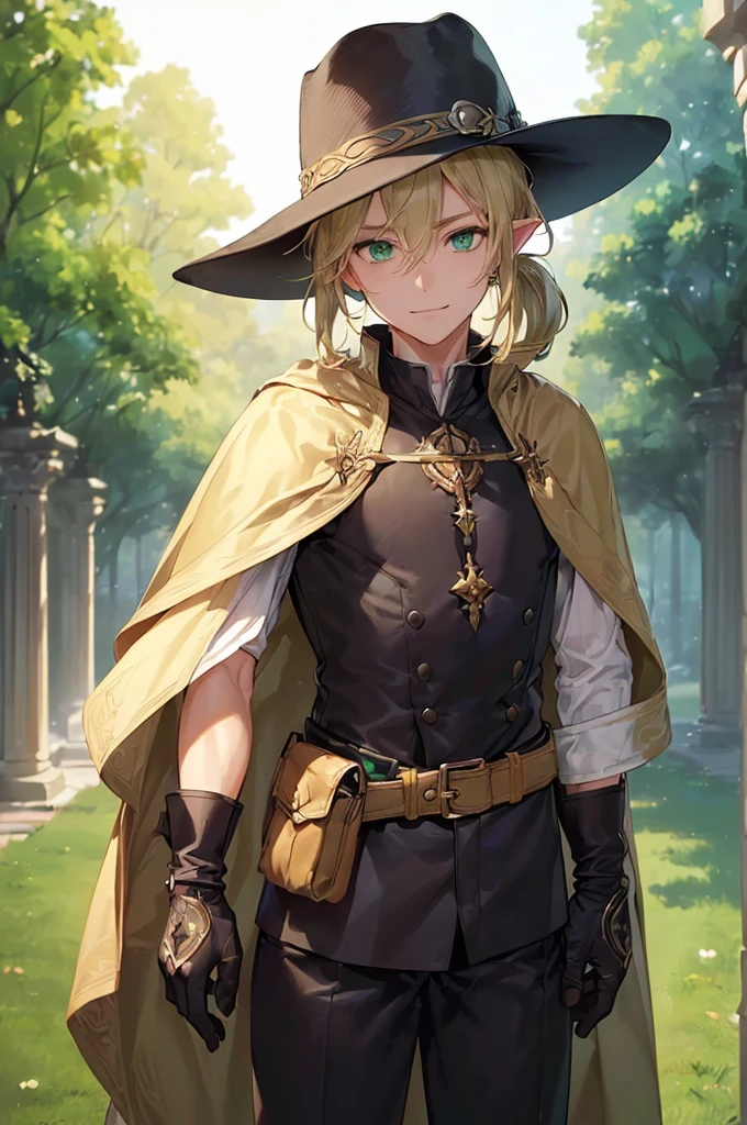 (((masterpiece; best quality: 1.2))), (finely detailed eyes: 1.3), (25 year old elf man), (solo), (green eyes: 1.4), (body; toned, fit, masculine: 1.3), (silky blonde hair in low ponytail: 1.3), (beautiful and clear background: 1.2), ((depth of field)), (equipment: adventurer garb + modest + elegant wide-brim hat + dark coat + light-colored tunic + dark long cape + black pants + gloves + belt + pouches: 1.3), (anime illustration: 1.2), (background composition; royal garden: 1.1), (extremely fine and handsome: 1.1), (shot composition; standing + centered on torso + close-up: 1.5), (expression; calm, smile: 1.2)