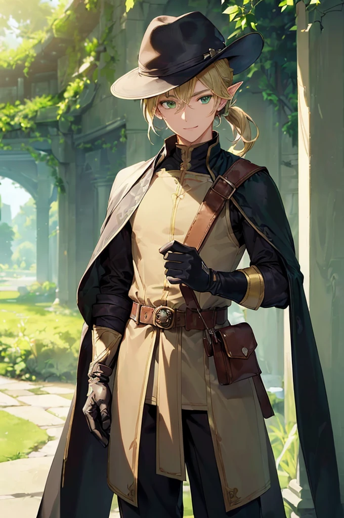 (((masterpiece; best quality: 1.2))), (finely detailed eyes: 1.3), (25 year old elf man), (solo), (green eyes: 1.4), (body; toned, fit, masculine: 1.3), (silky blonde hair in low ponytail: 1.3), (beautiful and clear background: 1.2), ((depth of field)), (equipment: adventurer garb + modest + elegant wide-brim hat + dark coat + light-colored tunic + dark long cape + black pants + gloves + belt + pouches: 1.3), (anime illustration: 1.2), (background composition; royal garden: 1.1), (extremely fine and handsome: 1.1), (shot composition; standing + centered on torso + close-up: 1.5), (expression; calm, smile: 1.2)