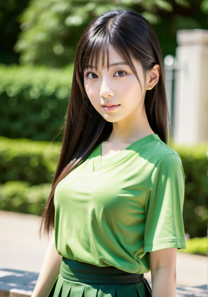 Close-up of a woman in a green shirt and black skirt, Japanese model, Japanese goddess, beautiful Asian Girl, Real young gravure idol, Gorgeous Chinese Model, A sophisticated gravure idol, Asian Girl, Young Sensual Gravure Idol, realistic sensual gravure idol, Japanese, Yoshitomo Nara, Korean Girls