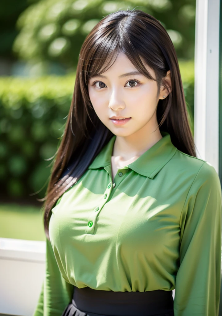 Close-up of a woman in a green shirt and black skirt, Japanese model, Japanese goddess, beautiful Asian Girl, Real young gravure idol, Gorgeous Chinese Model, A sophisticated gravure idol, Asian Girl, Young Sensual Gravure Idol, realistic sensual gravure idol, Japanese, Yoshitomo Nara, Korean Girls