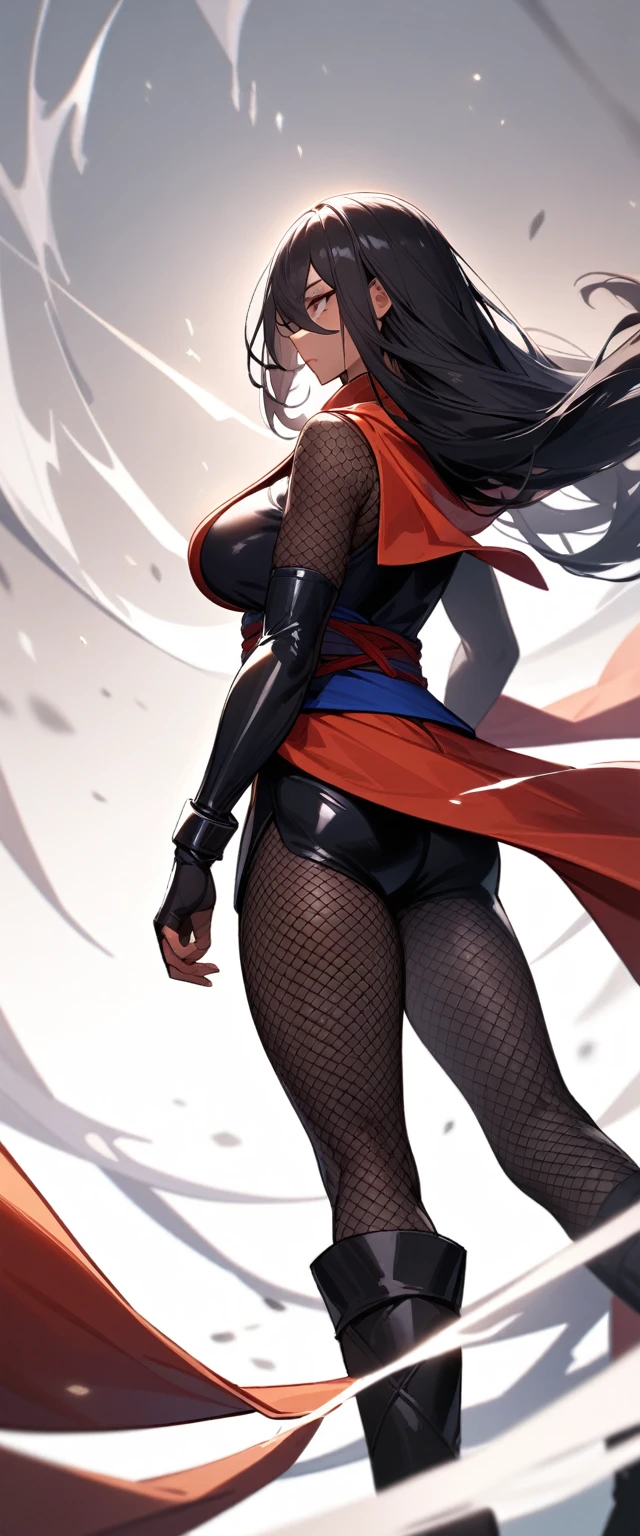 1girl,solo,super detailed skin,shiny skin,tanned skin,expressionless face,black hair,long hair,crossed bangs,deep detailed eyes,half open eye,eyelashes,lips gloss ,large breasts,asymmetry body suit,Shinobi clothes,black boots,fishnet,standing ,butt ,simple background ,from behind ,wind magically ,masterpiece,best quality,ultra detailed,high resolution,sharp focus