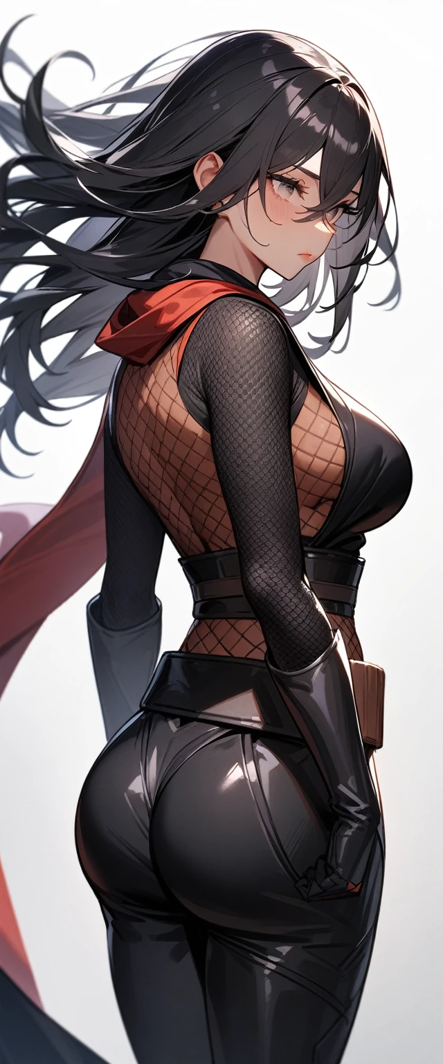 1girl,solo,super detailed skin,shiny skin,tanned skin,expressionless face,black hair,long hair,crossed bangs,deep detailed eyes,half open eye,eyelashes,lips gloss ,large breasts,asymmetry body suit,Shinobi clothes,black boots,fishnet,standing ,butt ,simple background ,from behind ,wind magically ,masterpiece,best quality,ultra detailed,high resolution,sharp focus
