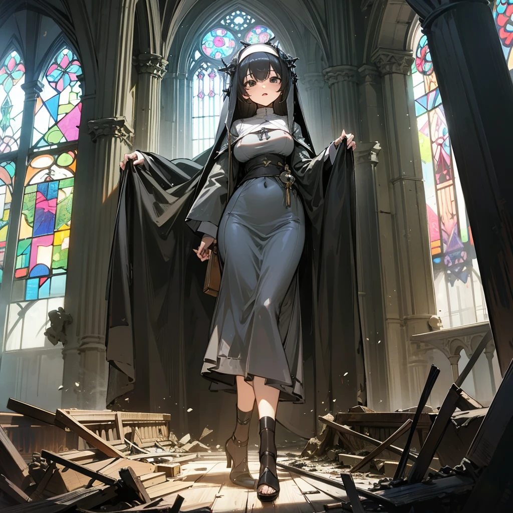 (solo), 1 skinny nun, (black sheer nun's robe), large breasts, stiletto heels, BREAK, black short hair, long sidelocks, black eyes, BREAK, short torso, skinny waist, skinny long legs, BREAK, old rotten church, devastated ruin, stained glass, BREAK, orgasm, coverd erectile nipples