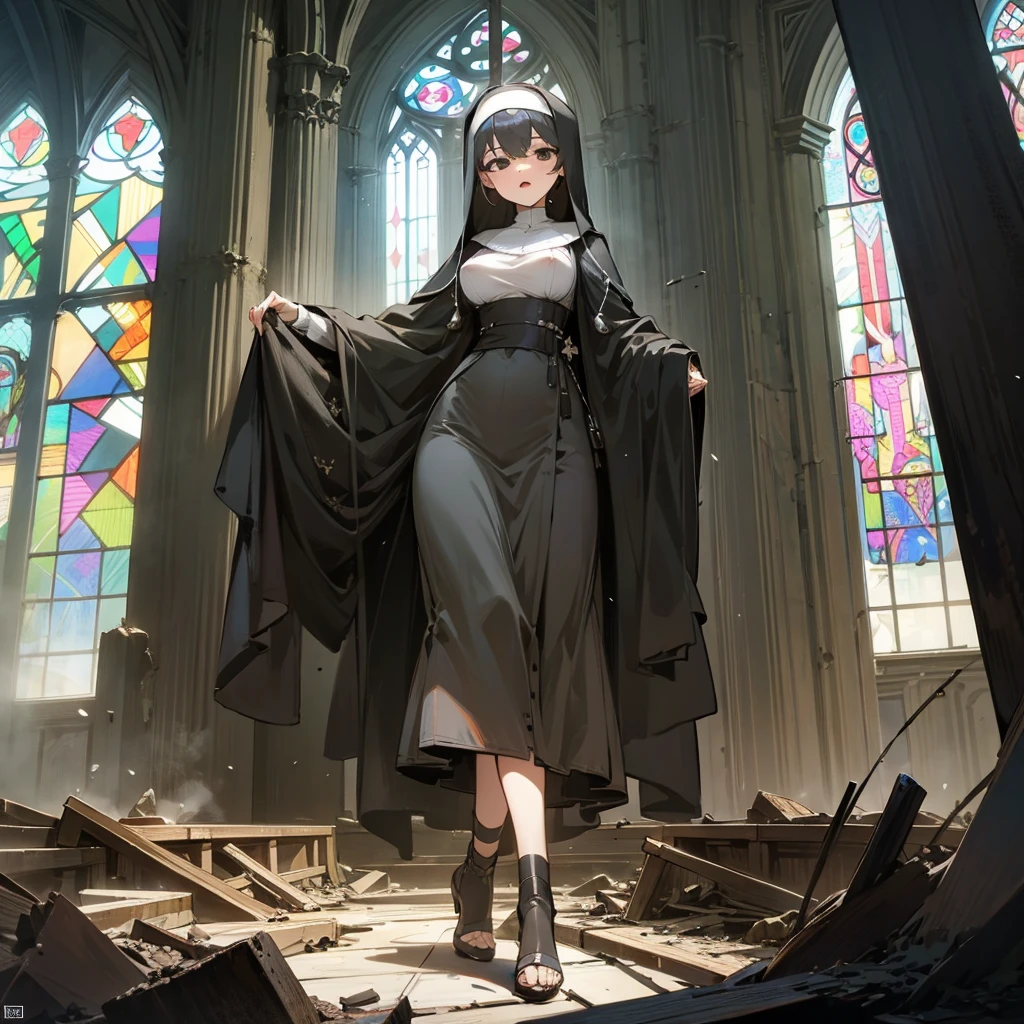 (solo), 1 skinny nun, (black sheer nun's robe), large breasts, stiletto heels, BREAK, black short hair, long sidelocks, black eyes, BREAK, short torso, skinny waist, skinny long legs, BREAK, old rotten church, devastated ruin, stained glass, BREAK, orgasm, coverd erectile nipples