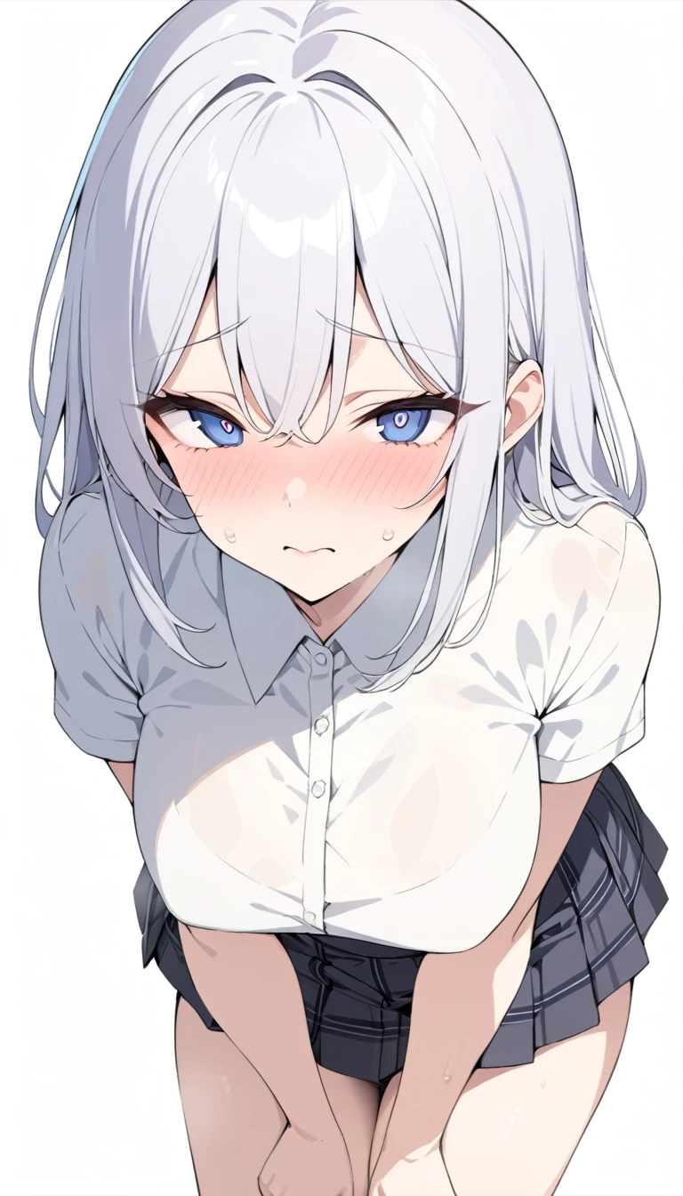 (((masterpiece, High resolution))), perfect face, Japan beauties, 30 years old, beautiful face, white simple background, high school student, skirt, embarrassed look, look at the camera, (top quality eyes), detailed texture, Look at me, Married woman, cool women, ((high resolution eyes)), hentai