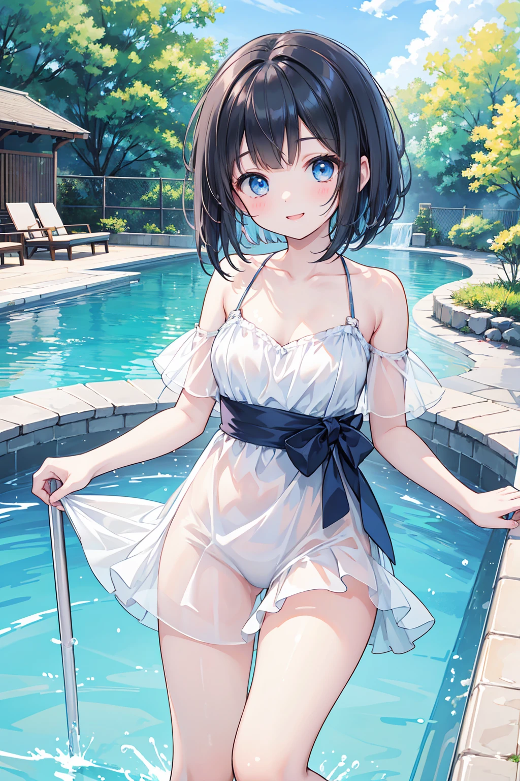 Photorealistic、Highest quality、Highest Resolution、Highest quality、８Ｋ、One beautiful woman、cute、Bob cut hair、Dark Hair Color、Pale blue eyes、Beautiful breasts、cute水着、One-piece swimsuit、Pool、Waterslide、looks fun、Frolic with a smile、