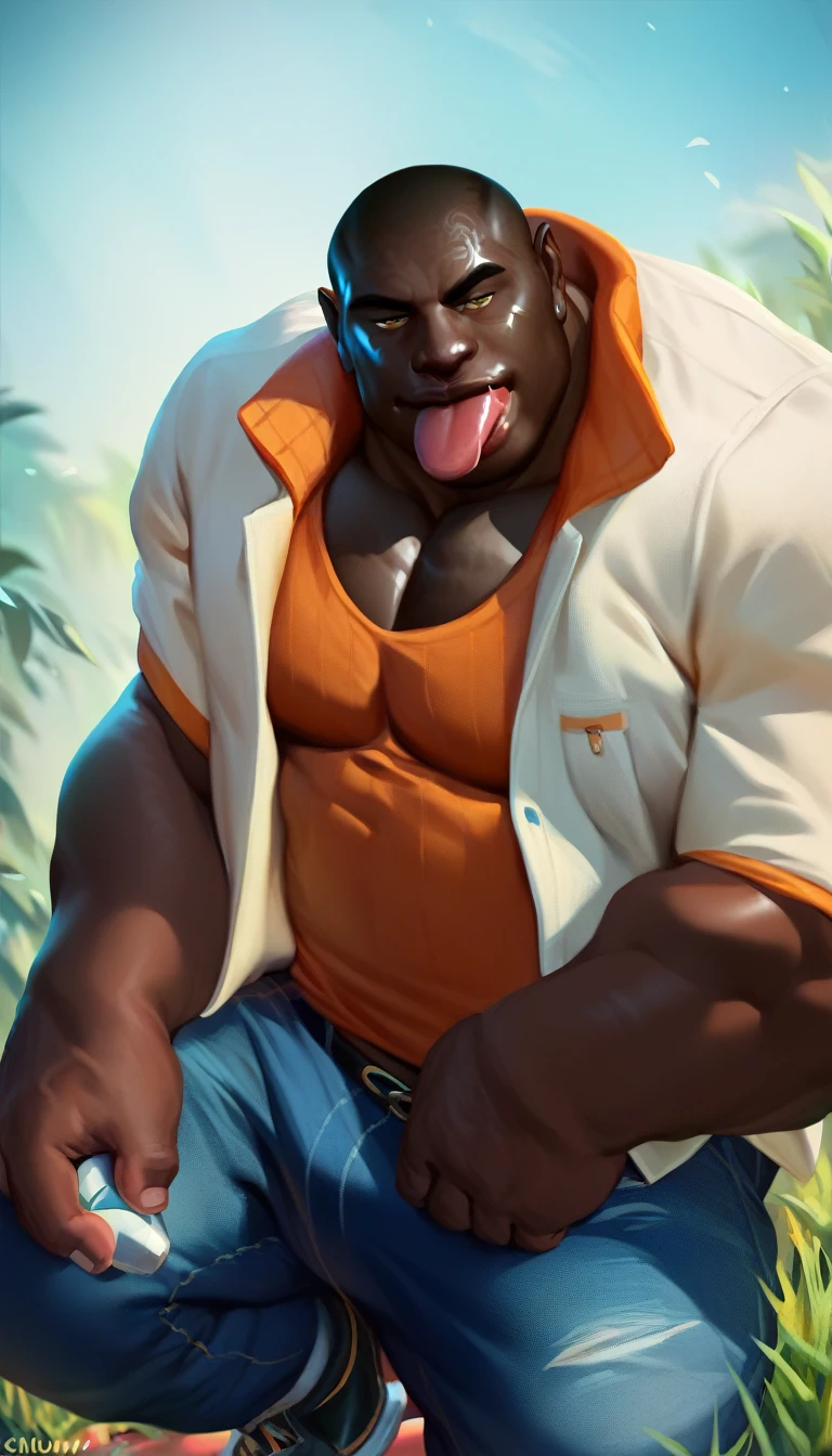 score_9, score_8_up, score_7_up, score_6_up, score_5_up, score_4_up,solo, moobs, (big black men), (dark skin:3), very dark black brown skin, tongue out, (tit fuck), large pectorals, bara, male,
