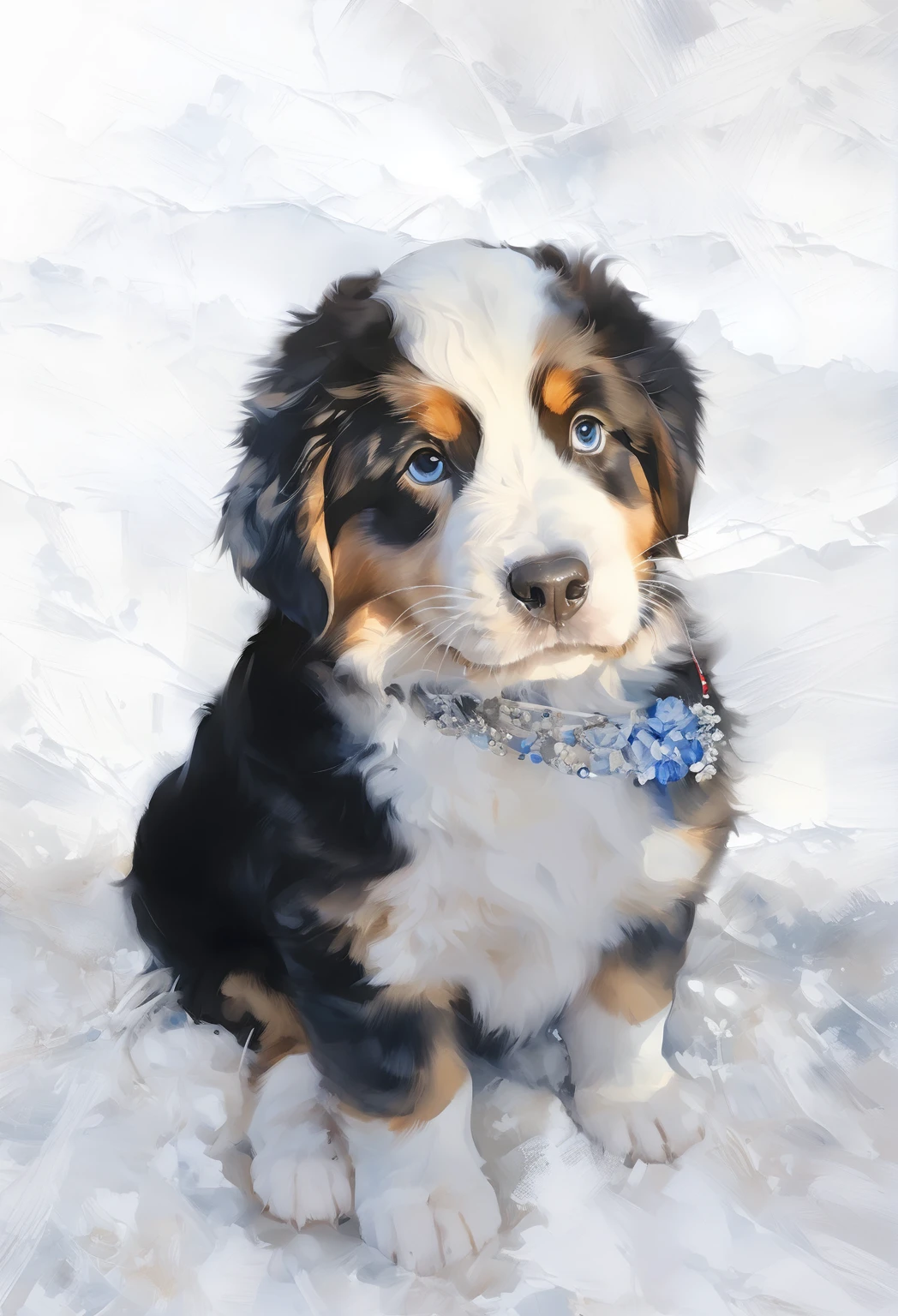 (very beautiful elaborate oil and watercolor painting), Bernese Mountain puppy Dog looking straight, composition, sweet, realistic and shiny eyes, gentle facial expression ,quality\(8k, wallpaper of extremely detailed CG unit, masterpiece, high resolution, top-quality, top-quality real texture skin, hyper-realistic, increase the resolution, RAW photos, best quality, highly detailed )
