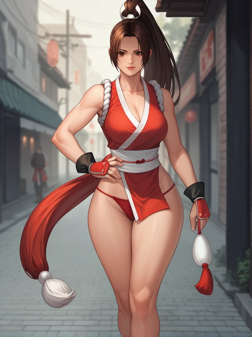 shiranui_mai, the_king_of_fighters, standing  BREAK score_9, score_8_up, score_7_up, score_6_up, score_5_up, score_4_up, red panty, (((old street background)))