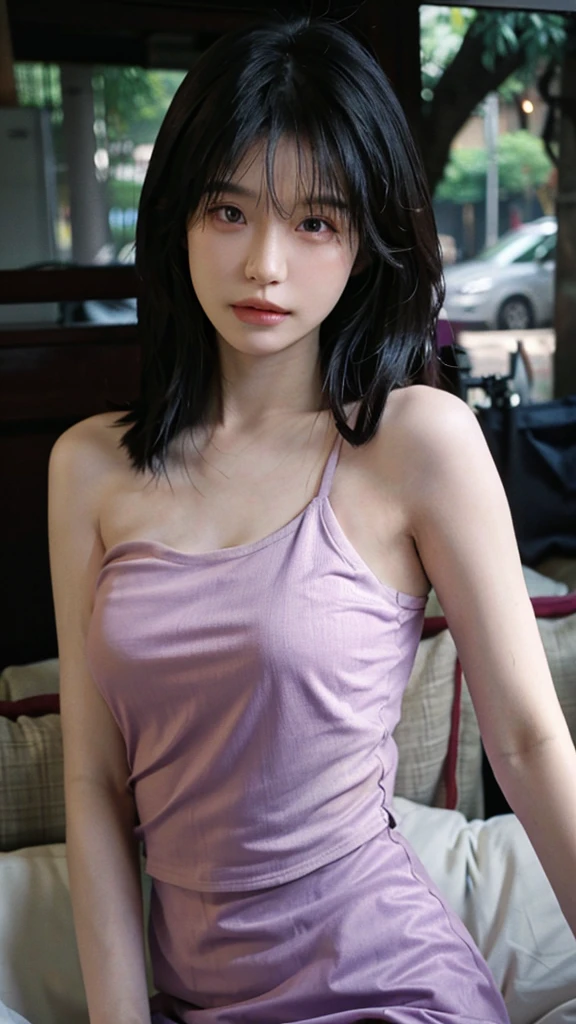 Film Portrait Photography, 1 girl, Bare shoulders,Lipstick,Purple short sleeves,(Bra:1.4),Purple sunlight,( Purple Hood:1.4),Shoulder-length straight hair, serene, calm, (Realistic and Detailed eyes, Natural skin texture, Realistic facial details), Soft dramatic lighting, Depth of Field, Bokeh, Vivid details, Detailed, Surrealism, 35 mm film, hazy, ,