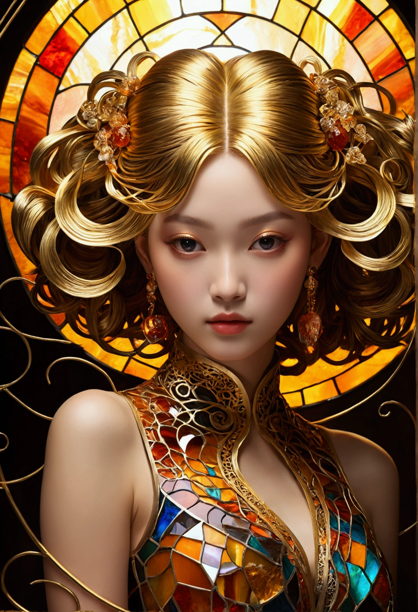 (masterpiece, Highest quality, Highest quality,Official Art, beautifully、Super Gold Hairstyle、aesthetic:1.2),(One girl:1.3), One girl BREAK stained glass art, Colored Glass, Lead wire, Light transmission BREAK Vivid colors, Intricate Design, Glowing effect, Spiritual atmosphere、Background abstract Japanese style、舞い踊る