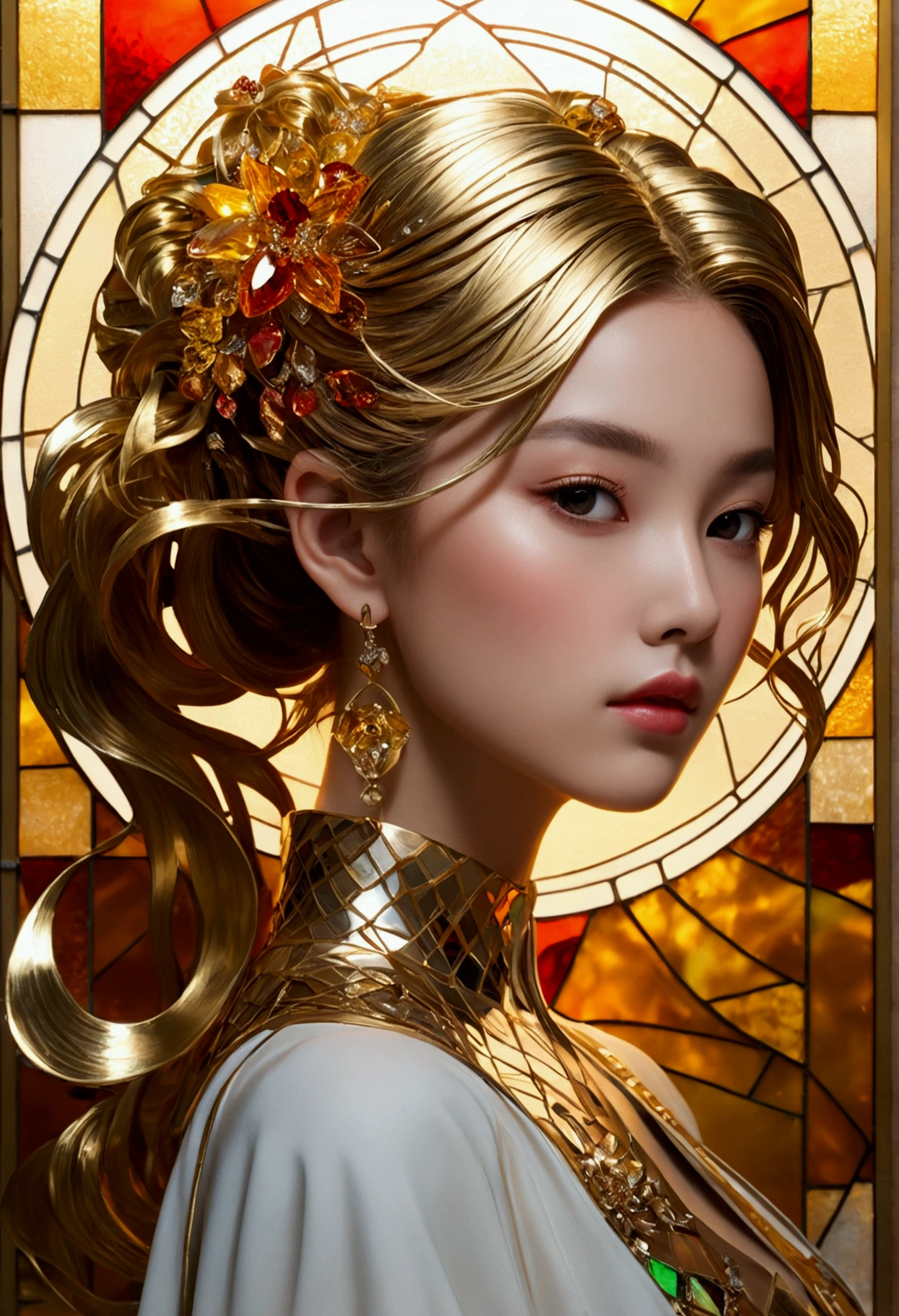 (masterpiece, Highest quality, Highest quality,Official Art, beautifully、Super Gold Hairstyle、aesthetic:1.2),(One girl:1.3), One girl BREAK stained glass art, Colored Glass, Lead wire, Light transmission BREAK Vivid colors, Intricate Design, Glowing effect, Spiritual atmosphere、Background abstract Japanese style