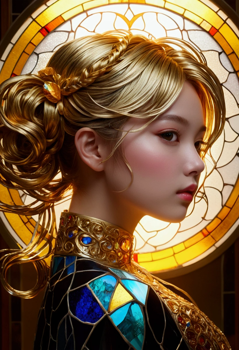 (masterpiece, Highest quality, Highest quality,Official Art, beautifully、Super Gold Hairstyle、aesthetic:1.2),(One girl:1.3), One girl BREAK stained glass art, Colored Glass, Lead wire, Light transmission BREAK Vivid colors, Intricate Design, Glowing effect, Spiritual atmosphere、Background abstract Japanese style