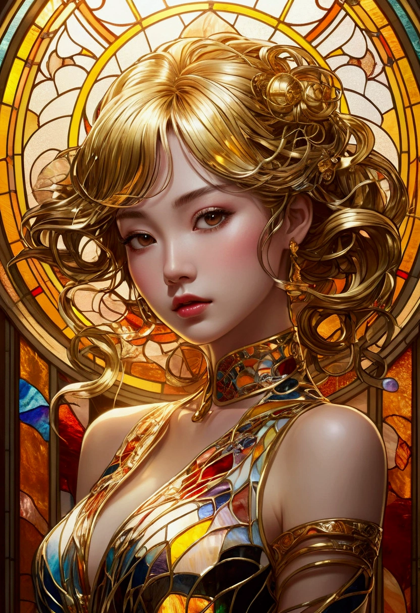 (masterpiece, Highest quality, Highest quality,Official Art, beautifully、Super Gold Hairstyle、aesthetic:1.2),(One girl:1.3), One girl BREAK stained glass art, Colored Glass, Lead wire, Light transmission BREAK Vivid colors, Intricate Design, Glowing effect, Spiritual atmosphere、Background abstract Japanese style