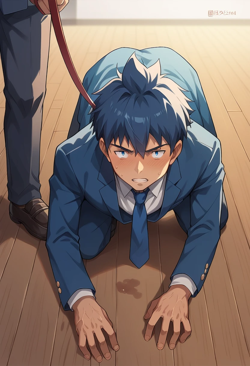 score_9, score_8_wonderful, score_7_wonderful, sauce_anime ,Male Focus,1 male,No pants,Auction,On all fours,Place your hands on the floor,penis,Leash color,View your viewers,Squat,humiliation,Obedience,Blue tie,blazer