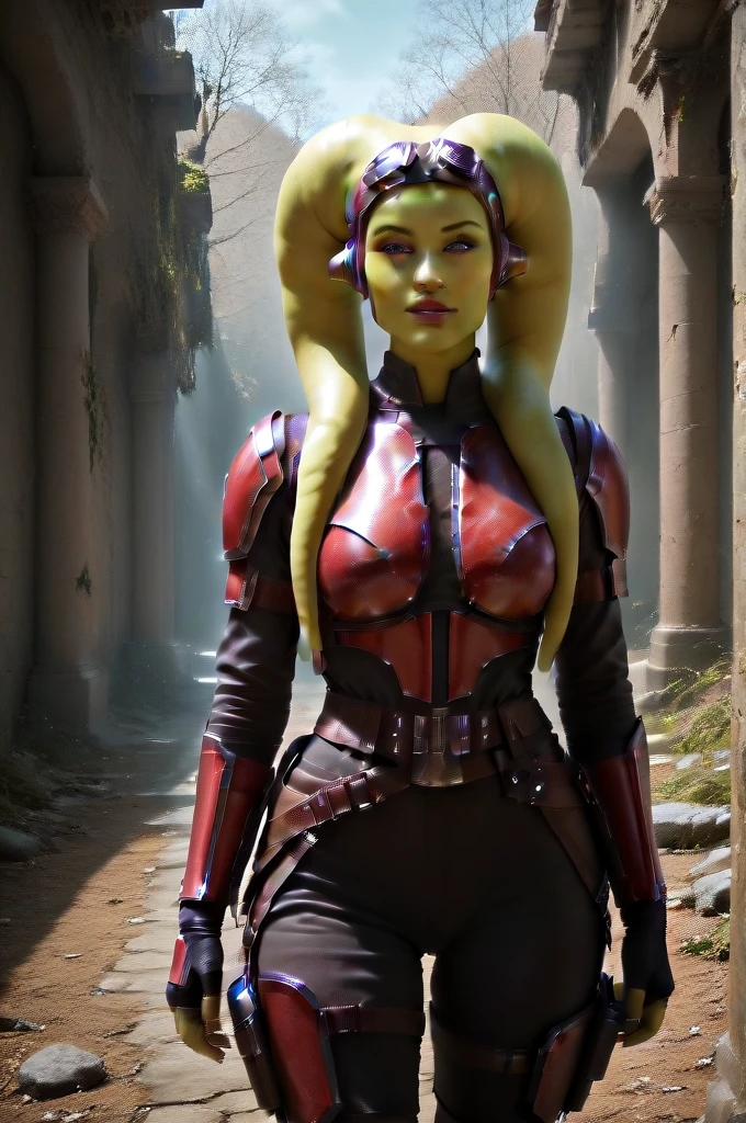 a ((fall body)) (((hera syndulla))) ((green skin )) ((female twi'lek ))mandalorian,walking on snow coverd ruins , ((green fire eyes )) , beautiful detailed eyes, beautiful detailed lips, extremely detailed face, long eyelashes, mandalorian armor, sci-fi, cinematic lighting, dramatic, epic, intricate details, hyper-realistic, 8k, high-quality, photorealistic
