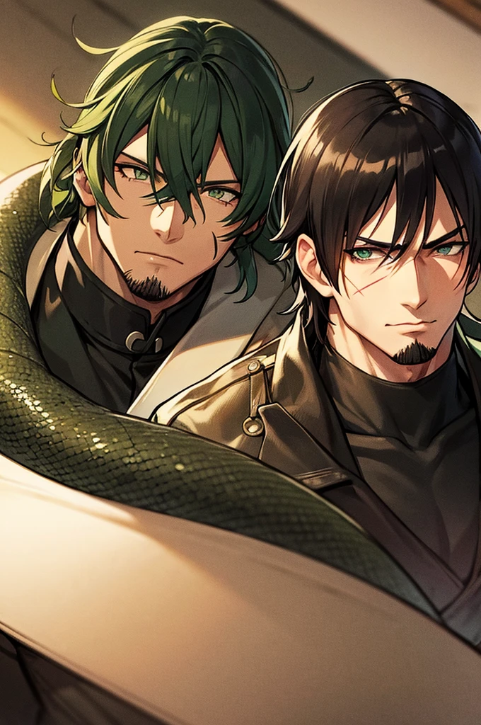black man in a black military uniform pixiv, shin hanga, snake from metal gear. Black spikey hair, green eyes, scars on his face