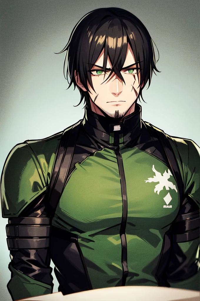 black man in a black military uniform pixiv, shin hanga, snake from metal gear. Black spikey hair, green eyes, scars on his face
