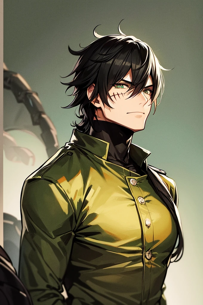 black man in a black military uniform pixiv, shin hanga, snake from metal gear. Black spikey hair, green eyes, scars on his face
