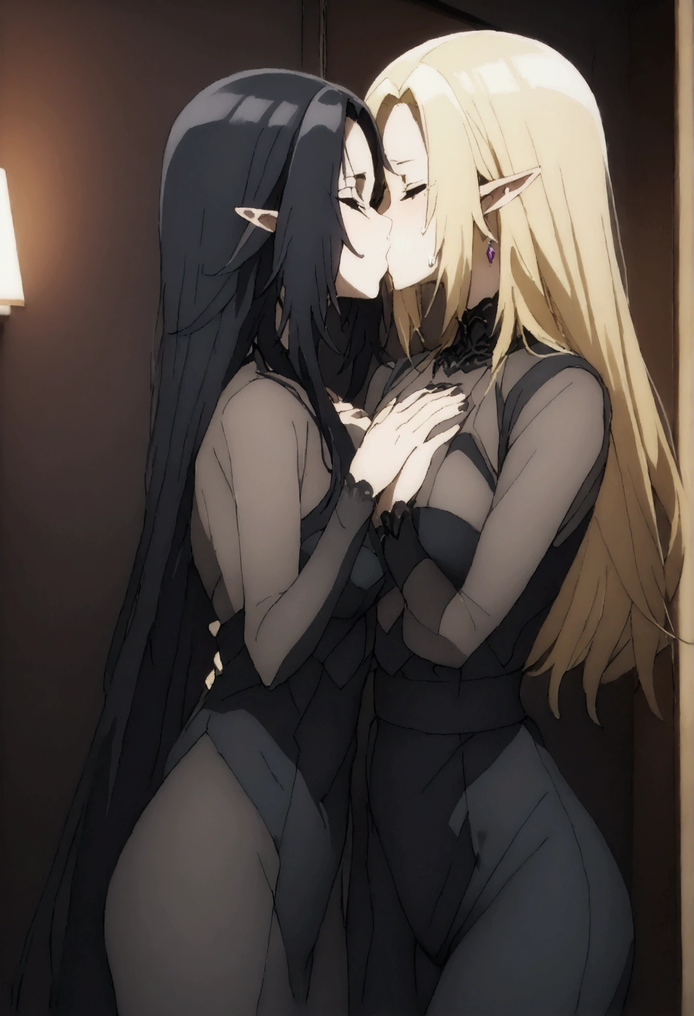 Two Women,Alpha ,Long blonde,gamma,Long Black Hair,((Touching the chest)), ((dress))),Big Breasts, kiss, (adult), (Elf)
 ((My crotch is wet)),Love Hotel,My crotch is wet,Are standing,(masterpiece:1.2), High resolution, Highest quality, 8k,