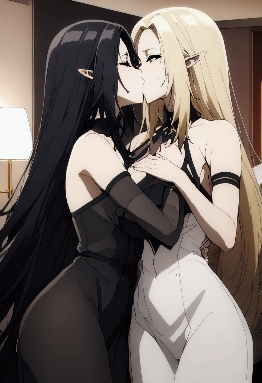 Two Women,Alpha ,Long blonde,gamma,Long Black Hair,((Touching the chest)), ((dress))),Big Breasts, kiss, (adult), (Elf)
 ((My crotch is wet)),Love Hotel,My crotch is wet,Are standing,(masterpiece:1.2), High resolution, Highest quality, 8k,