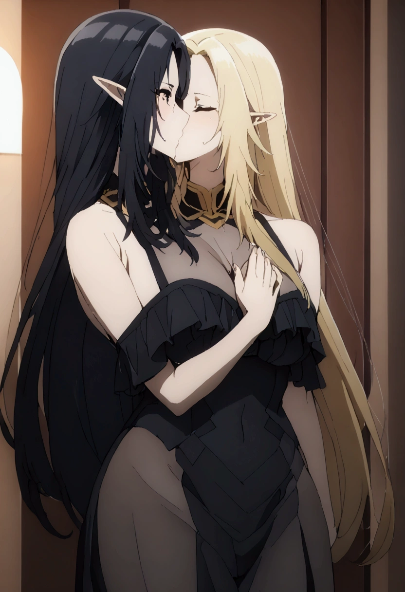 Two Women,Alpha ,Long blonde,gamma,Long Black Hair,((Touching the chest)), ((dress))),Big Breasts, kiss, (adult), (Elf)
 ((My crotch is wet)),Love Hotel,My crotch is wet,Are standing,(masterpiece:1.2), High resolution, Highest quality, 8k,