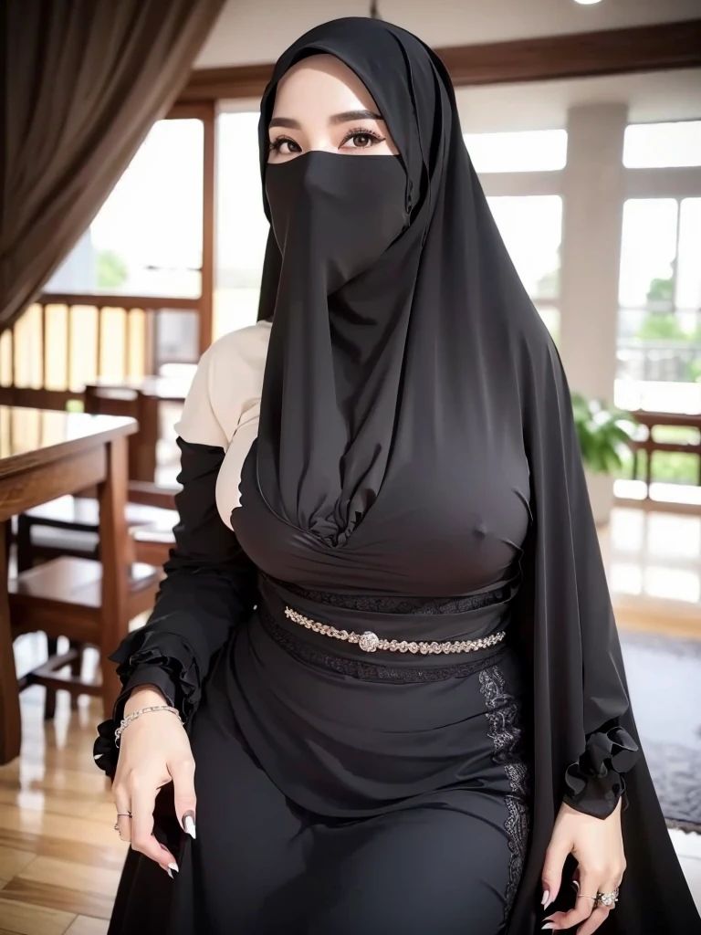 4K, high quality, nice lighting, soft lighting, realistic, dark eyes, sexy, big breasts, thighs, wide hips, muscular, malaysia, black dress, long sleeves, black hijab, Jewelry, sexy lady, asian, hijab, niqab, sexy pose, showing big thighs, nice body, natural largest breast, WEARING WEDDING RINGS, showing full body