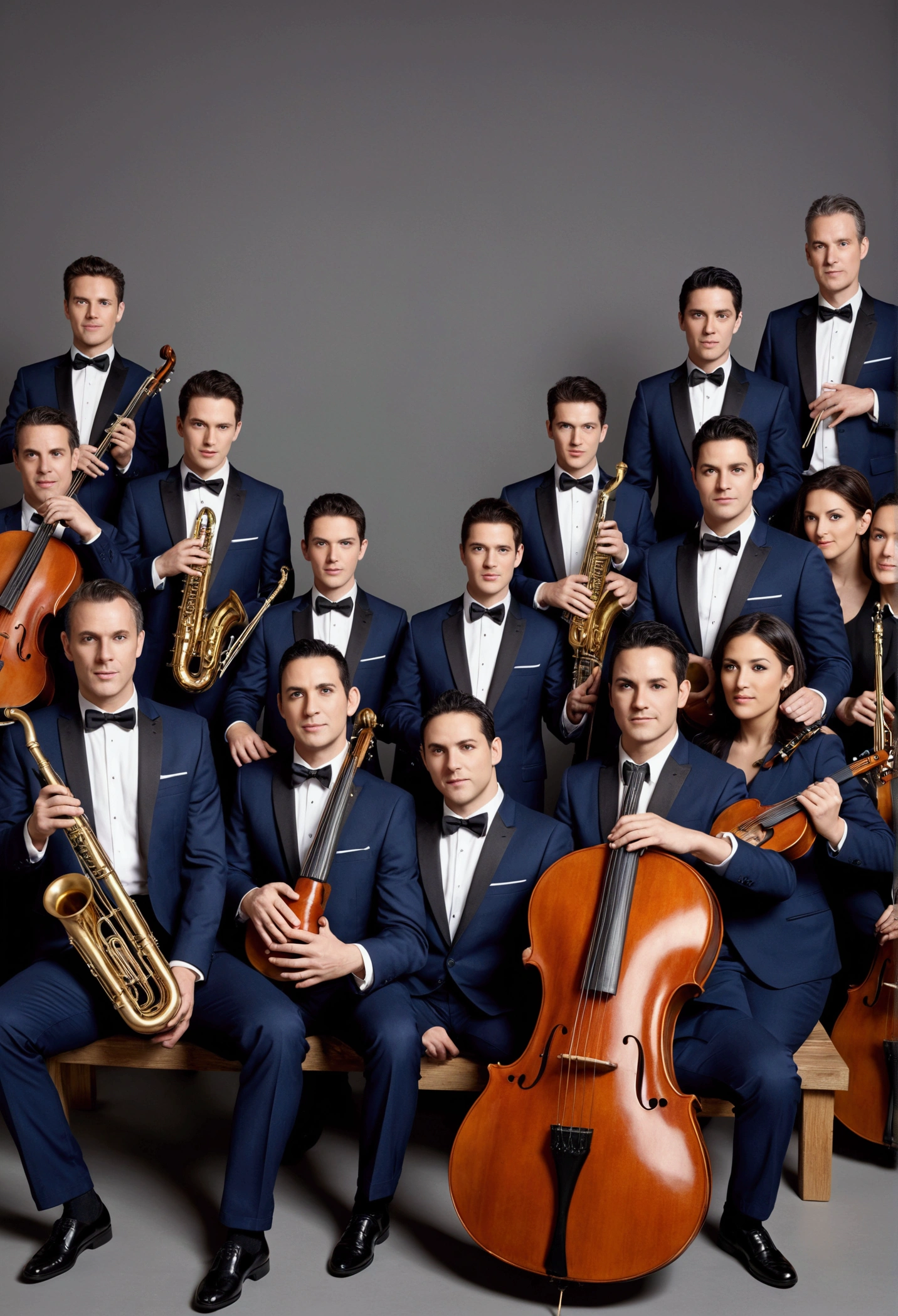 photorealistic image of a 12-piece mixed musical group
