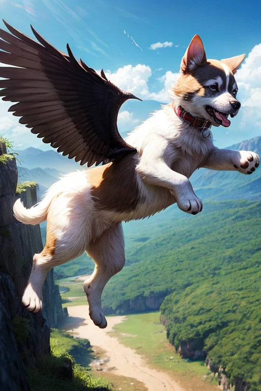 cute fluffy puppy who is a superhero, flying over cliff, beautiful posture, rugged jungle terrain, slow motion effect, 2.5D, delicate and dynamic