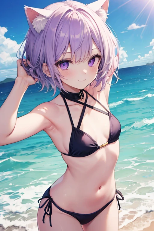 Purple Hair,Purple Eyes,Cat ears,girl,Girl,Small breasts,short hair,hair band,ta,Small breasts,Bright smile,Looks like 13 y is short in stature,Petan Musume,short,目のhighlight,Sexy thighs,Wear a bikini,Please show me your armpits,Your eyes are so beautiful,highlight,とても美しいhighlight,Ocean Background