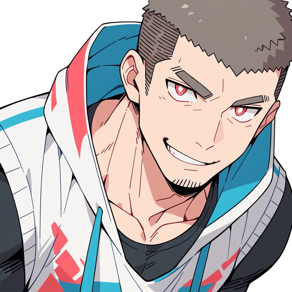 anime characters:Priapus, Muscle Sports Student, Buzz Cut, Manliness, male focus, Sports tight hooded sweatshirt, Wear a high-necked tights underneath, Very tight, full and perky chest muscles, muscular male, muscular, only, Upper body, alone, Red short hair, Thick eyebrows, stubble, Brown-red pupils, White background, simple background, amazing quality, best aesthetics, Ridiculous, crew cut, smirk, bright pupils, grin, negative space, negative space, best quality