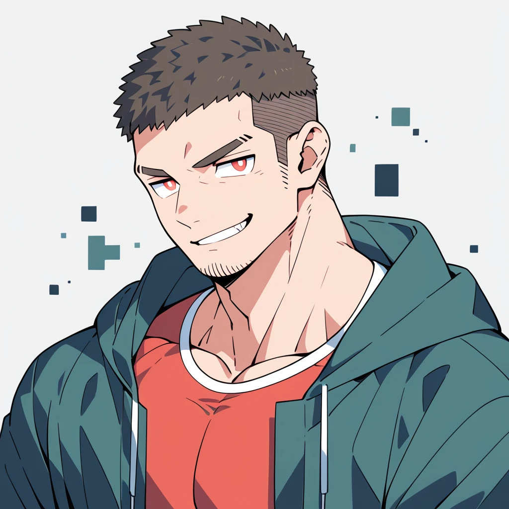 anime characters：Priapus, Muscle Sports Student, Buzz Cut, Manliness, male focus, Sports tight hooded sweatshirt, Wear a high-necked tights underneath, Very tight, full and perky chest muscles, muscular male, muscular, only, Upper body, alone, Red short hair, Thick eyebrows, stubble, Brown-red pupils, White background, simple background, amazing quality, best aesthetics, Ridiculous, crew cut, smirk, bright pupils, grin, negative space, negative space, best quality