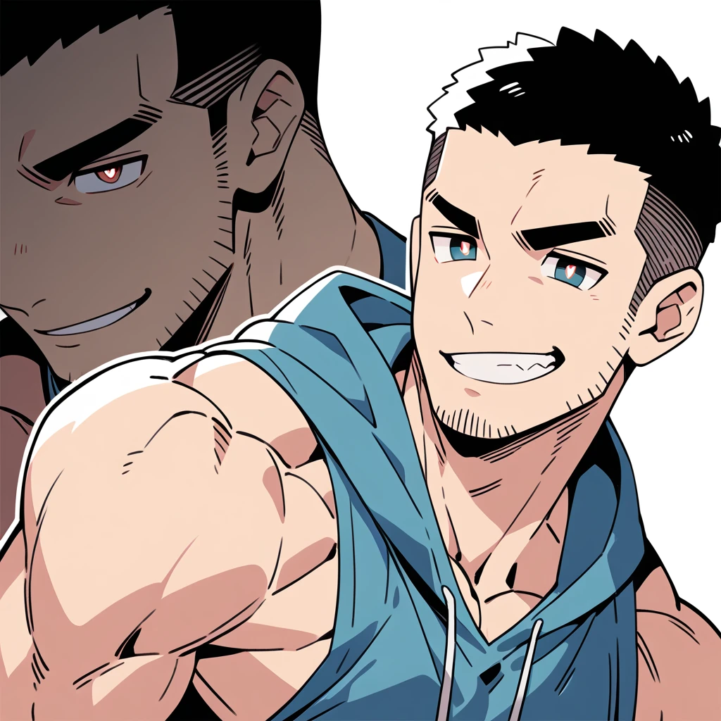 anime characters：Priapus, Muscle Sports Student, Buzz Cut, Manliness, male focus, Sports tight hooded sweatshirt, Wear a high-necked tights underneath, Very tight, full and perky chest muscles, muscular male, muscular, only, Upper body, alone, Red short hair, Thick eyebrows, stubble, Brown-red pupils, White background, simple background, amazing quality, best aesthetics, Ridiculous, crew cut, smirk, bright pupils, grin, negative space, negative space, best quality