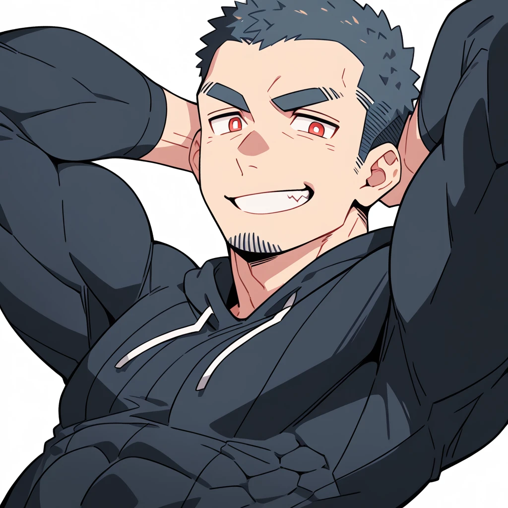 anime characters:Priapus, Muscle Sports Student, Buzz Cut, Manliness, male focus, Sports tight hooded sweatshirt, Wear a high-necked tights underneath, Very tight, full and perky chest muscles, muscular male, muscular, only, Upper body, alone, Red short hair, Thick eyebrows, stubble, Brown-red pupils, White background, simple background, amazing quality, best aesthetics, Ridiculous, crew cut, smirk, bright pupils, grin, negative space, negative space, best quality