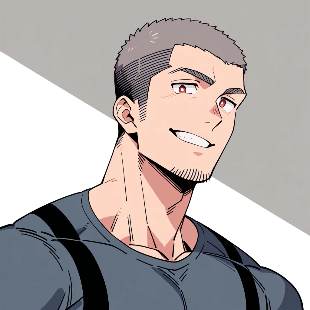 anime characters:Priapus, Muscle Sports Student, Buzz Cut, Manliness, male focus, Sports tight hooded sweatshirt, Wear a high-necked tights underneath, Very tight, full and perky chest muscles, muscular male, muscular, only, Upper body, alone, Red short hair, Thick eyebrows, stubble, Brown-red pupils, White background, simple background, amazing quality, best aesthetics, Ridiculous, crew cut, smirk, bright pupils, grin, negative space, negative space, best quality