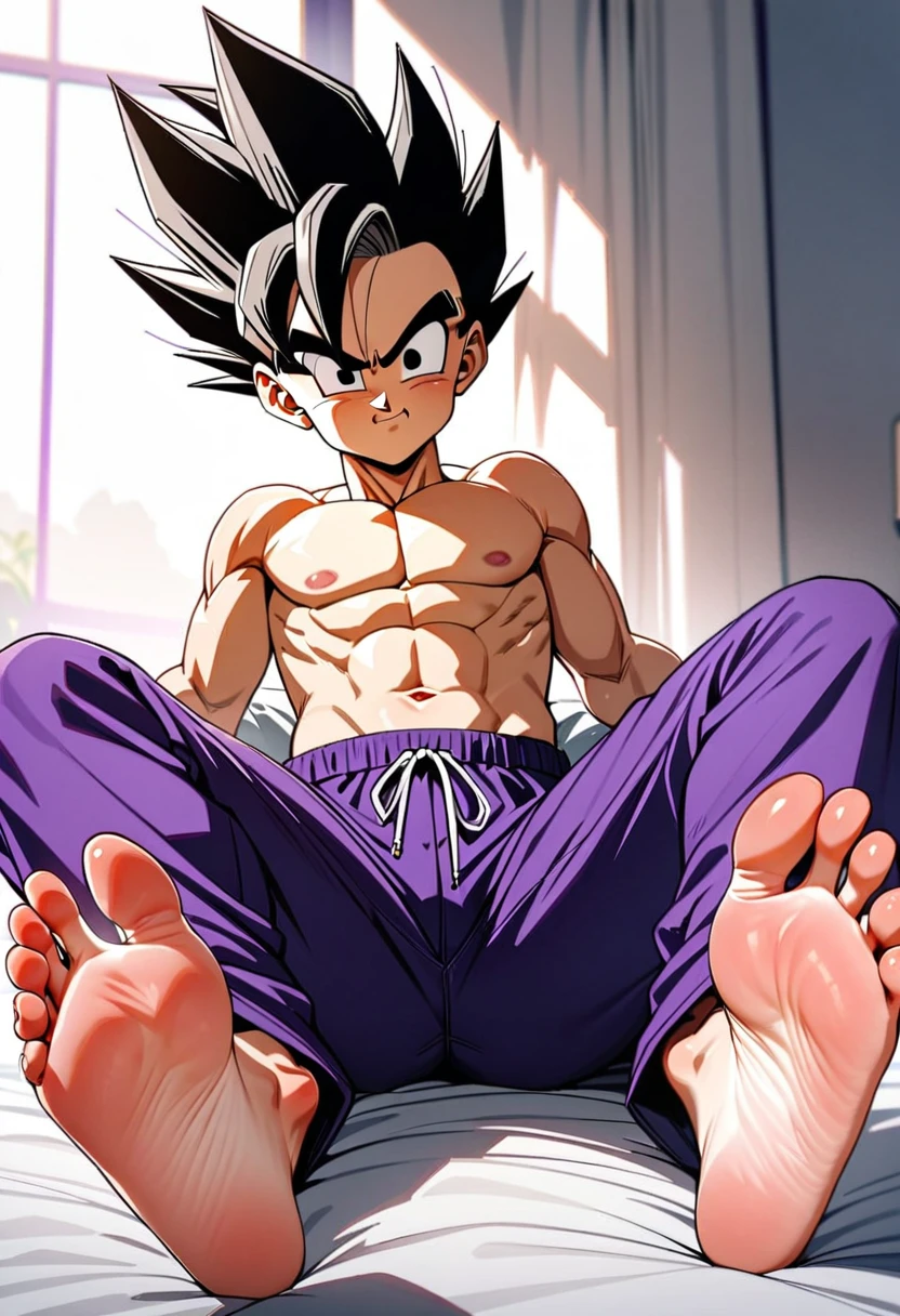masterpiece, Highest quality, so beautiful, Absurd,Anatomically correct body,One boy, Male Focus,Son Gohan,Dragon Ball,View your viewers,Half naked,Purple long pants,Show the soles of your feet, Perfect legs, Five-toed feet, Feet Focus, Two legs, 2 feet,,juvenile