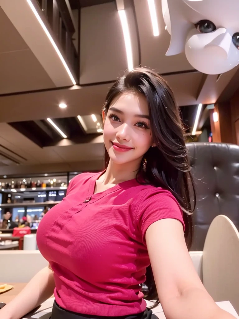 (1girl), sexy woman, slim body, smile, eyeliner, flat stomach, light skin, (Indonesian girl), long black hair, ((big breast)), ((big ass)), perfect face, (masterpiece), high quality, realistic, symmetrical, facial details, color grading, dynamic, lighting, seductive pose, 4K,