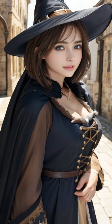 Realistic、Highest quality、Highest quality、masterpiece、Ultra-high resolution、RAW Photos、Realistic、Bright lighting、Face Light、Smooth Professional Lighting、Looking into the camera、alone、Adult female、Beautiful woman、Super Beauty、Realistic肌、Moisturized Skin、Realistic eyes and faces、Perfect model body shape、Beautiful Eyes、Big eyes、Inconspicuous tear bags、slim、Medium size big、Beautiful fingers、short hair、Brown Hair、black eye、looks happy、Cowboy Shot、(Both ears are covered by hair)、(((Witch Costume)))、Fantasy World、Medieval European streets