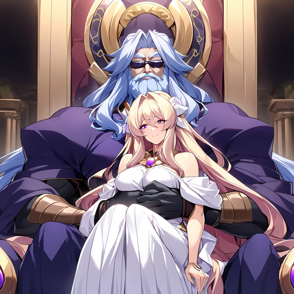 ((Highest quality)), ((masterpiece)), (detailed), (Perfect Face)、Women are divine in both mind and body, like the Greek goddess Hera.々Hera, the wife of Zeus, king of the gods, is happily embracing a man.、The woman is the goddess Hera, the queen of the one and only god Zeus. She has medium-long hair, wears a gorgeous ancient Greek Doric chiton, an engagement ring, and gorgeous accessories. She is an elegant, graceful, and beautiful goddess, Hera, and the wife of Zeus.、A woman is embracing and cuddling the majestic, bearded, elderly god Zeus, wearing an ancient Greek Doric chiton, on a magnificent temple throne.、Ancient Greek man in Doric chiton, dignified bearded old man, god Zeus, embracing a woman