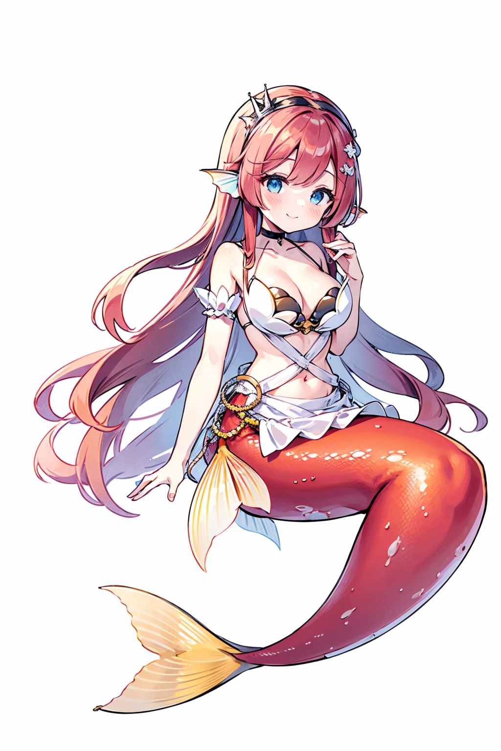 masterpiece, best quality,A girl,Light red hair,White Dress,blue eyes,Head fin,独奏,Large Breasts,Mermaid,淡红色的Mermaid尾巴,full-body shot,White background,charming face(Kawaii, charming,Soft),Looking at the audience,Smile,Sitting