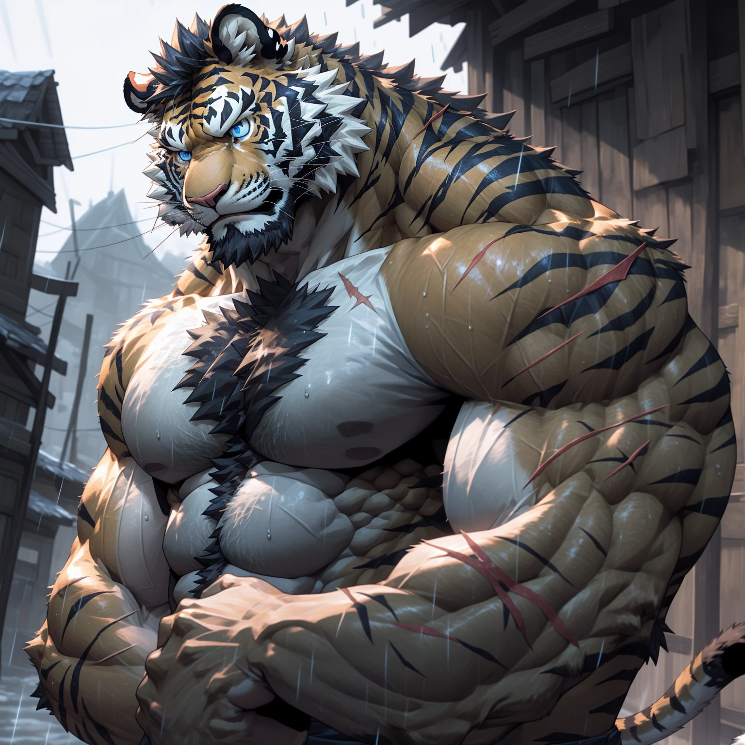 sweaty muscular torso naked rainy village hairy anthropomorphic chest hair serious face(Scars on the face) Mature (blue eyes)Huge muscle ripped abs wild,Tiger of tribal ambition