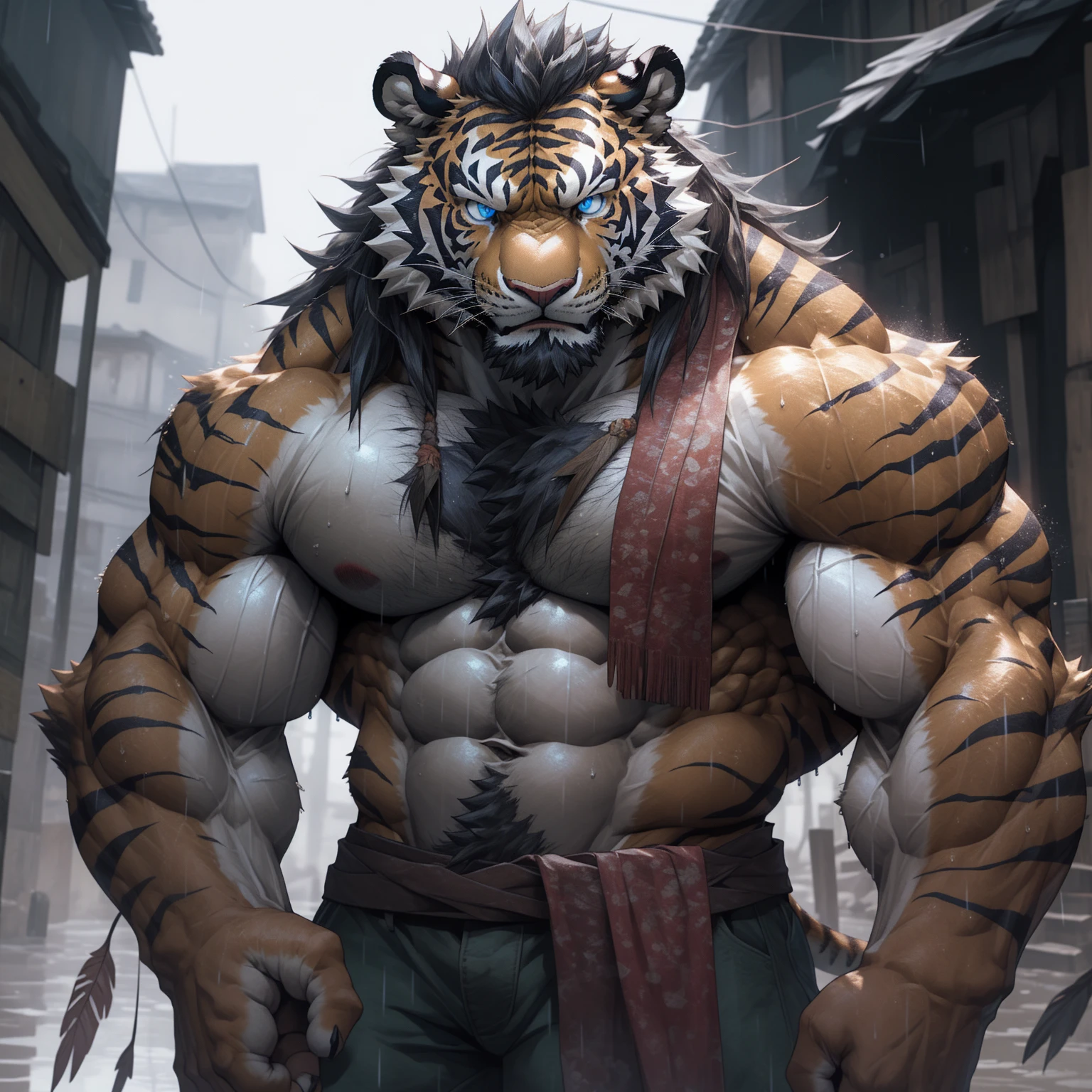 sweaty muscular torso naked rainy village hairy anthropomorphic chest hair serious face（Scars on the face） Mature （blue eyes）Huge muscle ripped abs wild，Tiger of tribal ambition