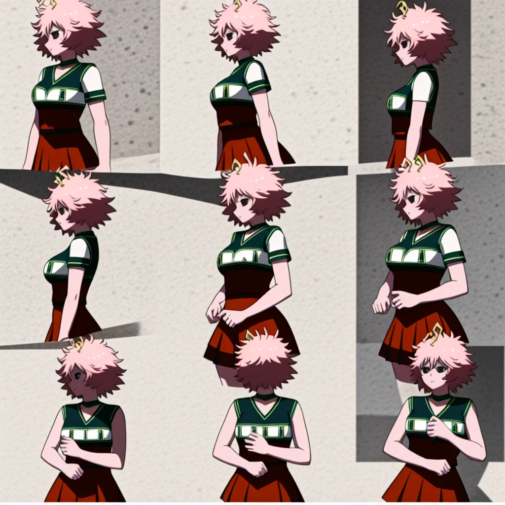 mina ashido, 1girl, solo, looking at viewer, short hair, simple background, yellow eyes, pink hair, horns, colored skin, colored sclera, black sclera, pink skin, U.A. CheerUniform, orange skirt, cheerleader, perfect shading, bare shoulders, big breasts