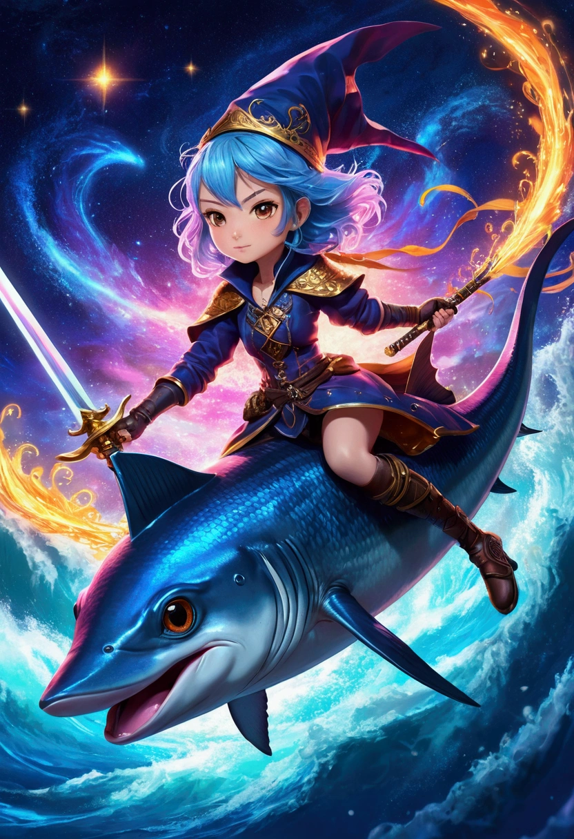 a cute anime female wizard, driving a magical swordfish, galaxies, swordfish, surrounded by intense swirling magic, bright vibrant colors, vivid fantasy landscape, intricate details, cinematic lighting, chibi, 8K, highly detailed, masterpiece, fantasy art