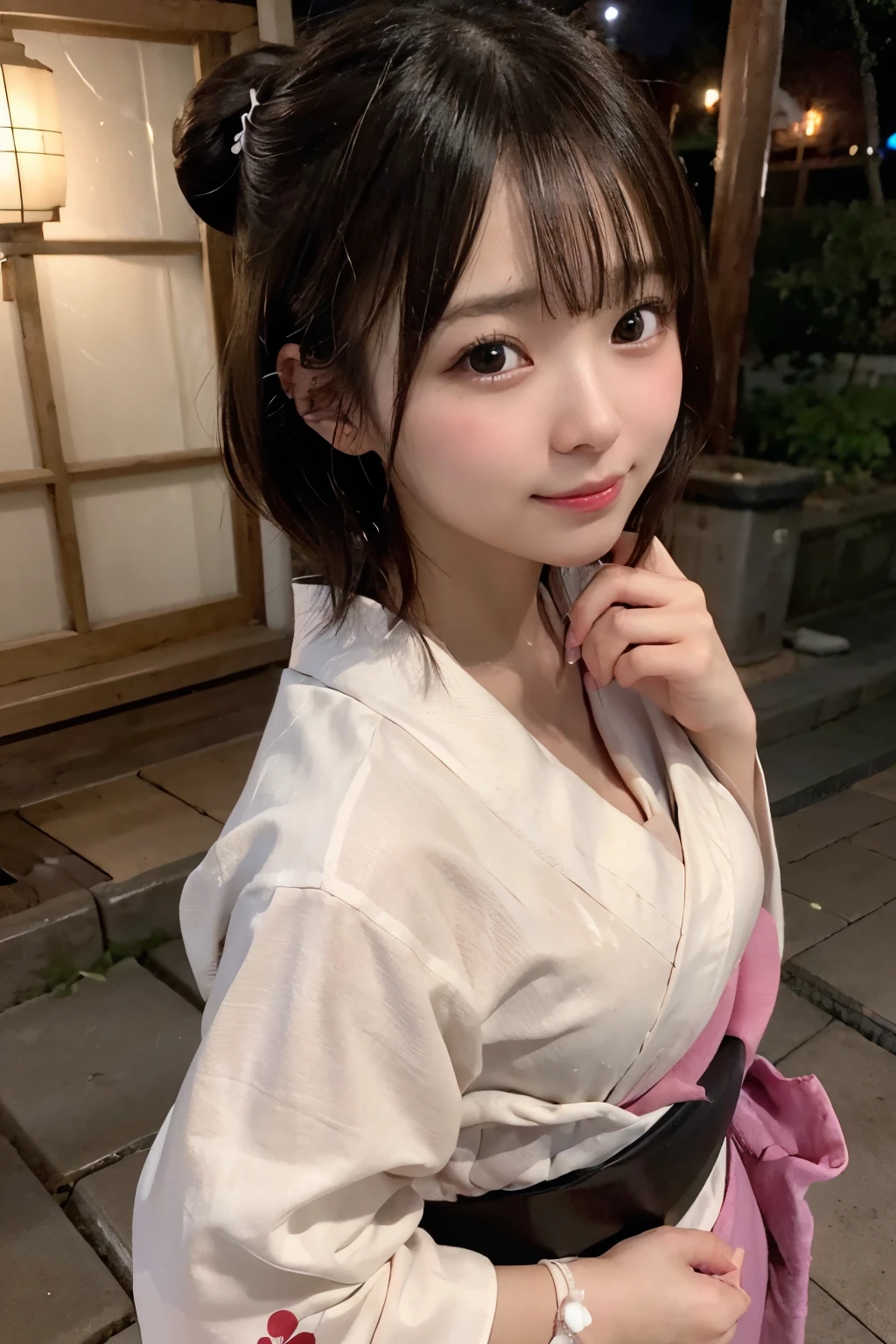 8K, RAW Photo, Best Quality, Masterpiece, Realistic, PhotoRealistic, Extremely Detailed 8K Wallpaper, Beautifully Detailed Eyes, Finely Detailed Face, 
 BREAK 
Professional Lighting, 
 BREAK 
(A Girl is Playing Japanese Sparkler with Extending Own Hand to the Viewer's Camera:1.5), 
Light Evening, 
in the City Fountain Park, 
 BREAK 
Perfectly Anatomically Correct:1.3, 5 Beautiful finger:1.3, 
POV Shot, 
 BREAK 
1 Girl, Very Short Hair Bun:1.2, Japanese, Kawaii, Wide-Set Eyes, Very White Skinned, Blush, Embarrassed, 17-Year-Old, 
Brown Hair, Wet Hair, Messy Hair, Light Smiling, [Pouted Cheek], Open Mouse Slightly, Chin Up, 
(Japanese Yukata:1.4), 
Looking Back Viewer Up, 
[Slightly Cleavage], 
 BREAK 
[SFW:1.0, Non-Nipple:1.0], 
 BREAK 
High Angle shot, Face Focus:1.1, Bokeh:1.2, (from Back:1.1, from Side:1.1, from Above:1.0), Dynamic Angle