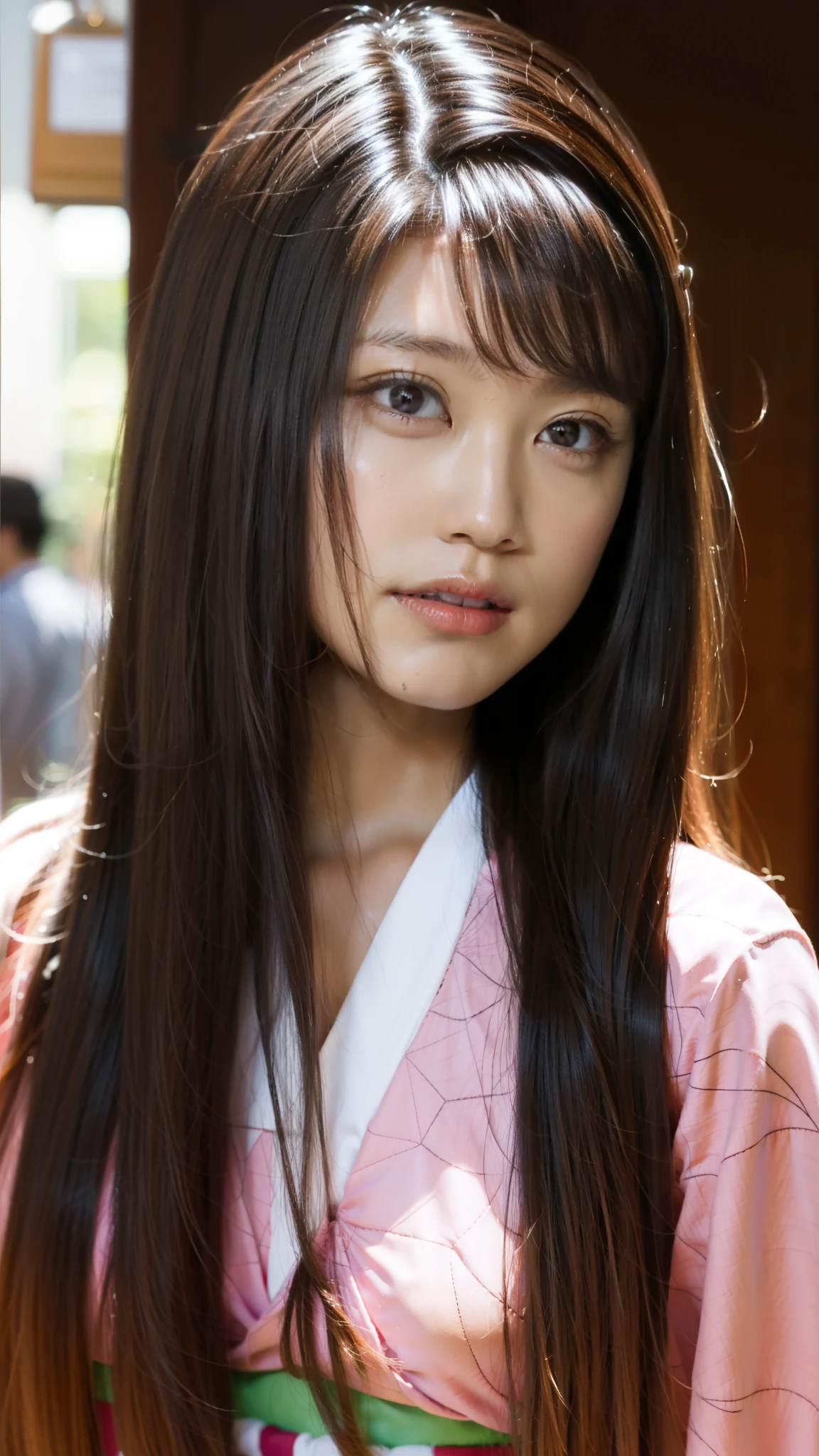Cute Japanese woman, (), (Very cute face: 1.3), White moist skin, Looking at the camera, Melancholy expression,
BREAK,
Idol,
BREAK,
(Wearing cute kimono: 1.3), (Highly revealing kimono), Very large earrings, Short length,
BREAK,
(Fighting pose: 1.3),
BREAK,
(Long hair), (Pink hair: 1.2), (Wavy hair), (Gradient hair: 1.3), (Red hair at the ends),
BREAK,
(Realistic: 1.3), Masterpiece, Perfect lighting, (Ultra-high resolution), (8K), (Highly detailed: 1.4), (From the front), (Full body: 1.3), (Symmetrical: 1.2),
BREAK,
(Japanese city streets: 1.2),
BREAK,
(Demon Slayer: 1.4),
BREAK,
(Kasumi Arimura: 1.4),