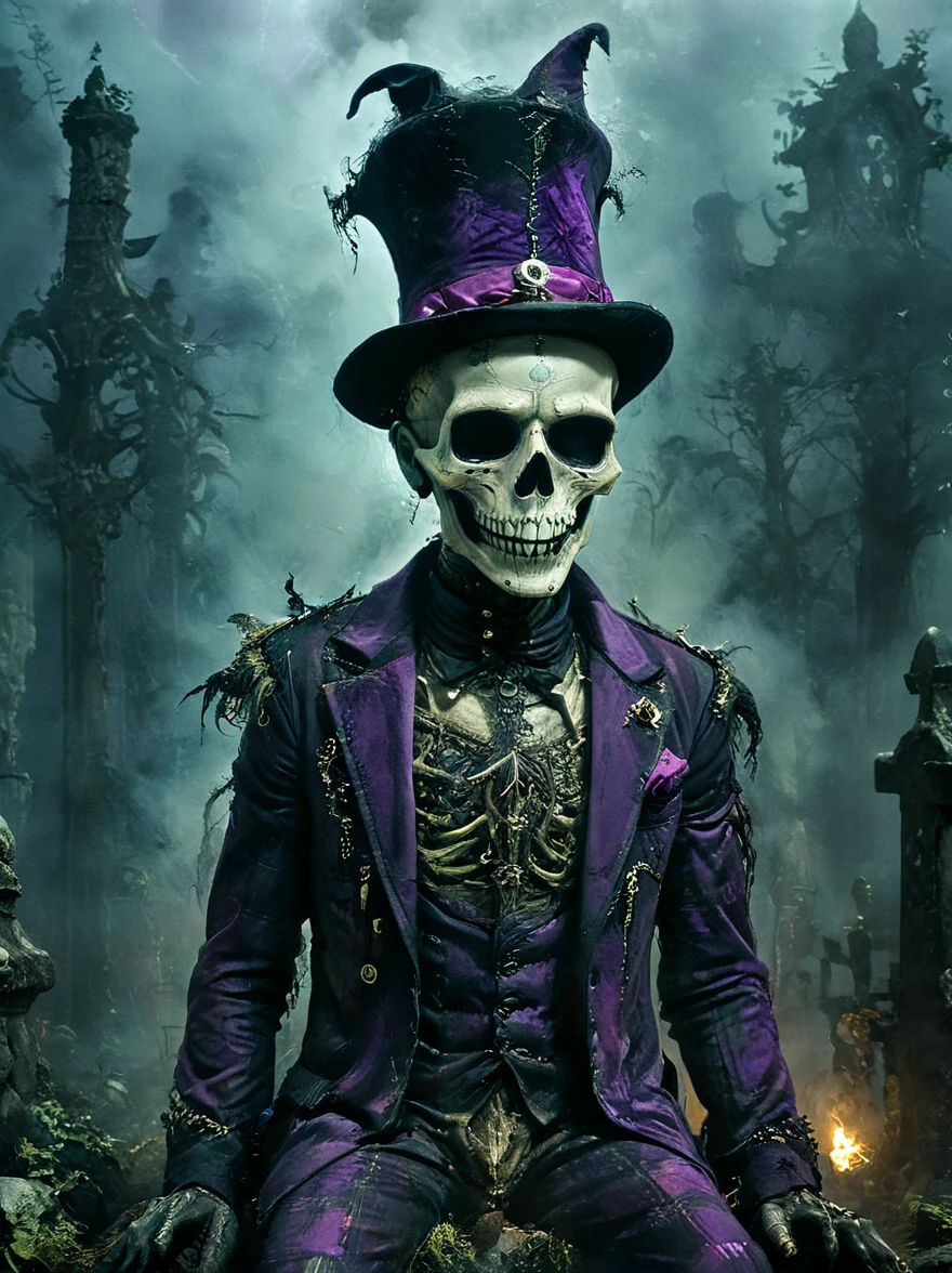 Dark cinematic photo of (scary skeleton baron samedi:1.2), lwa of the dead, Haitian voodoo, evil smile, sitting in a big grave, in a cemetery at night, fog, (black velvet hat:1.3), purple ((tartan suit)), sculpted cane, perfect hands, Carnival style, disastrous greenish lighting, (discreet lighting:1.2), (darkness:1.6),
in a zdyna_pose, dutch angle, from below, low camera angle actions scene, foreshortening,
Dark, chiaroscuro, (low-key:1.2) carnival portrait