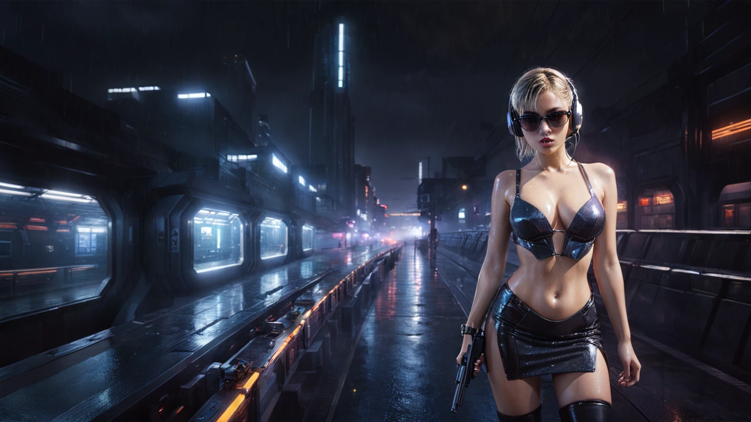 (((aerial view))), Blade Runner style futuristic railway platform, hi-tech train, neon lights, rainy night. (1girl, solo, alone), large-breast:1.2 slim body, cleavage:1.1, sexy wind blowing wet dress:1.4, headphone, (black sunglasses), (((she raised a pistol:1.8 and shot:1.8 the viewer))), dynamic pose, (((half-body thigh level medium shot))), cinematic lighting, lens flare, ray tracing, blurred:1.4 background.